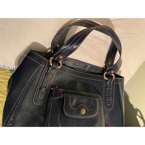 Perlina New York Navy Blue Faux Leather Shoulder Bag With Leopard Print Lining & - Picture 16 of 16